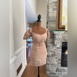 Elegant Strapless Tan Dress with Belt